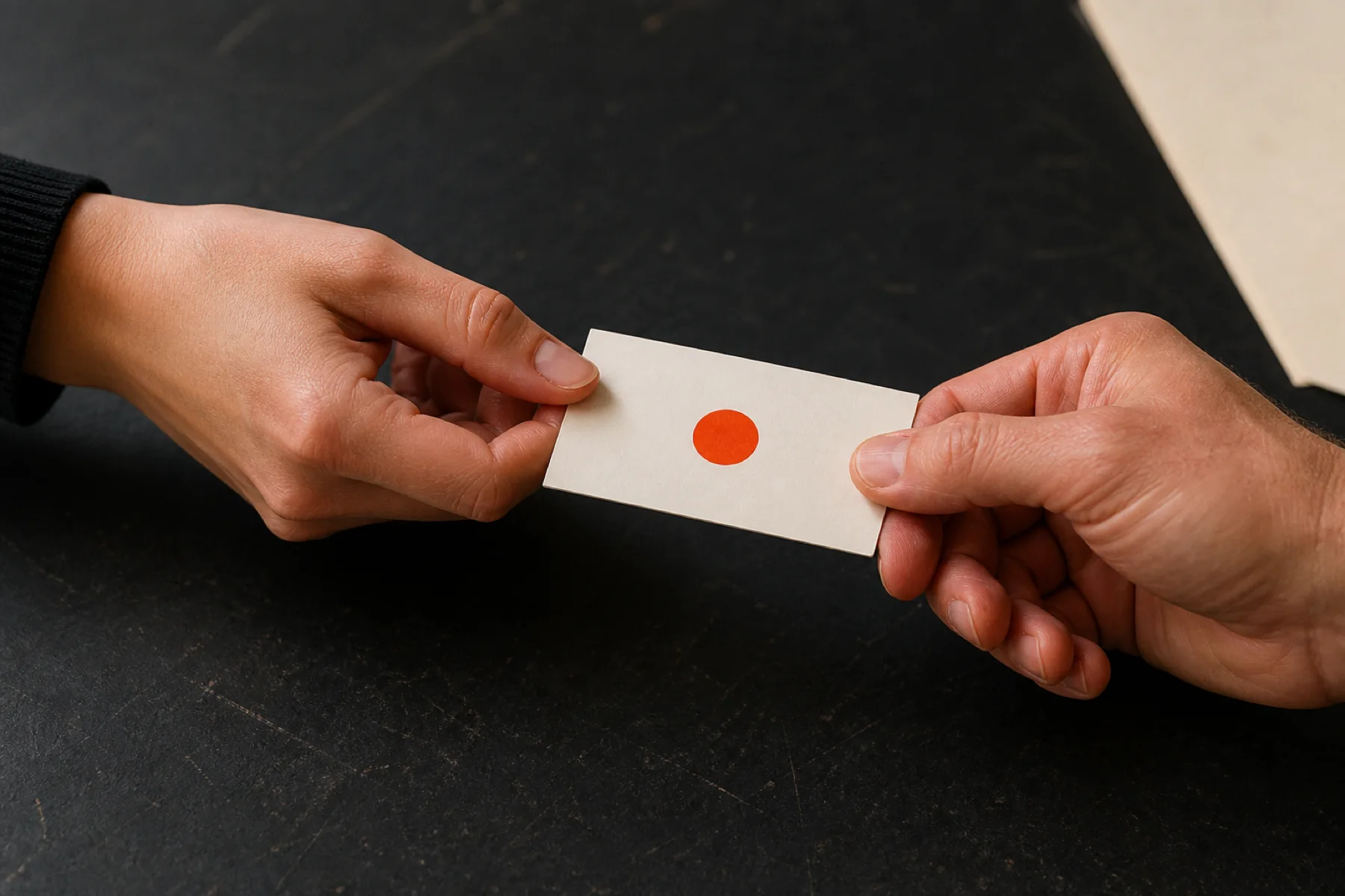 Two people pass a cream card marked with one orange dot