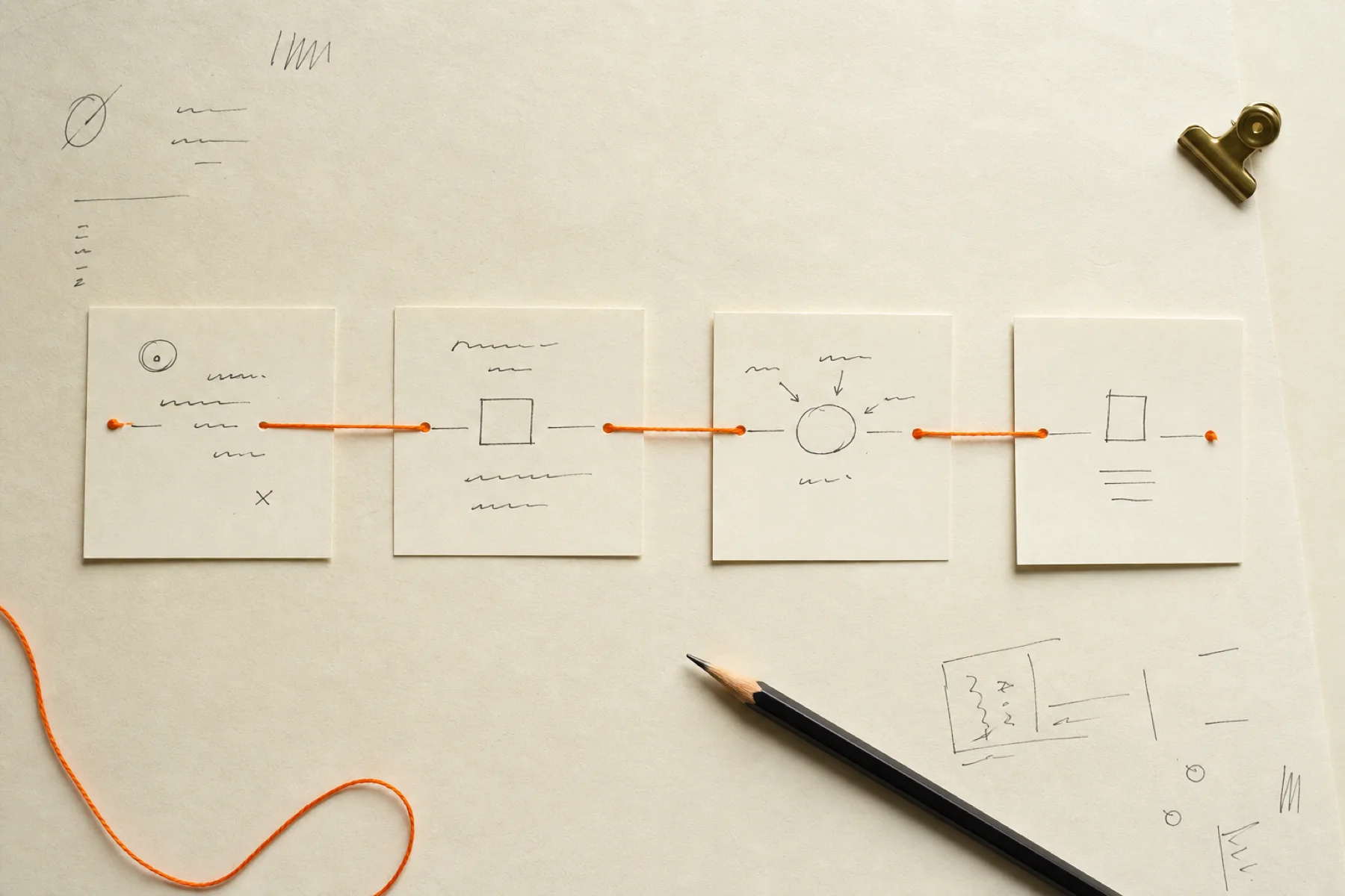 Cream process cards joined by an orange thread on a paper desk